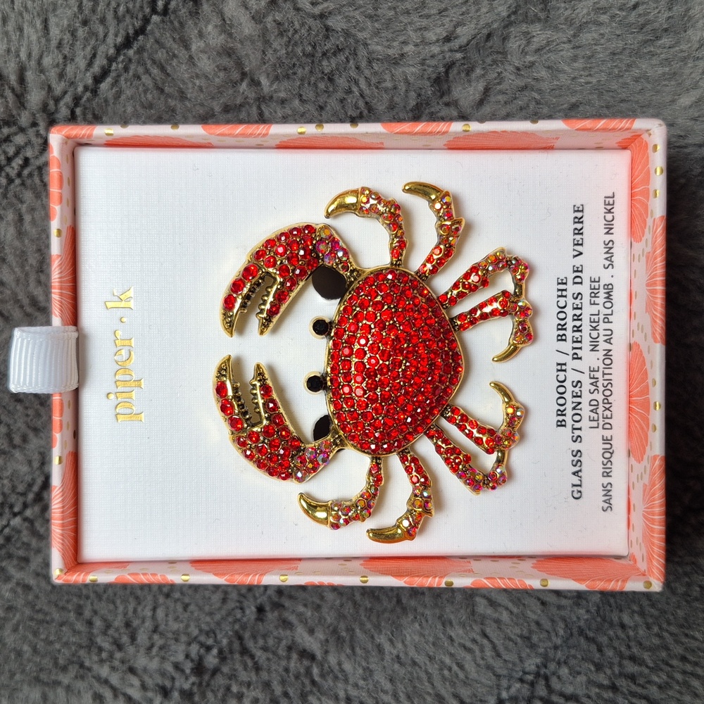 Piper K Crab Brooch Bejeweled With Glass Stones, New In Box